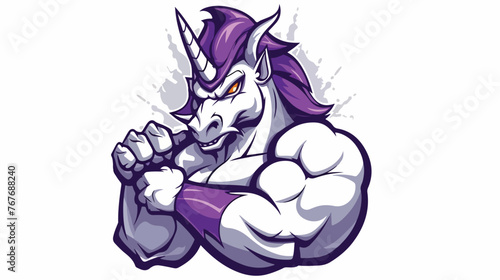 Strong angry unicorn mascot flexing its arm. Flat vector