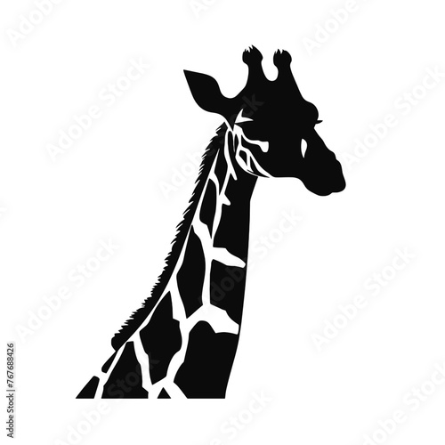 Black silhouette of giraffe head and neck on white background. Vector african animal, isolated icon with giraffe animal face in simple style, decal, sticker. Concept for savannah safari, tattoo, zoo photo