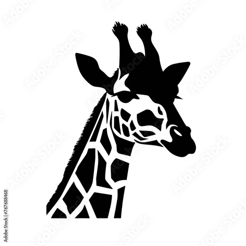 Black silhouette of giraffe head and neck on white background. Vector african animal, isolated icon with giraffe animal face in simple style, decal, sticker. Concept for savannah safari, tattoo, zoo photo