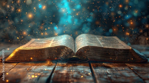 A book is open to a page with a blue background and a lot of sparkles. The book is a Bible and the page is titled "The Book of Revelation." The sparkles give the page a mystical and spiritual feel
