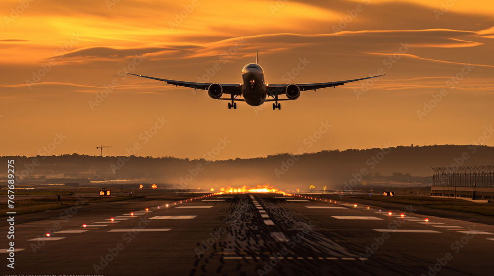 Naklejka premium The warm tones of the setting sun a majestic passenger jet soaring into the twilight sky from a vibrant airport runway, its powerful engines roaring as it leaves the ground.