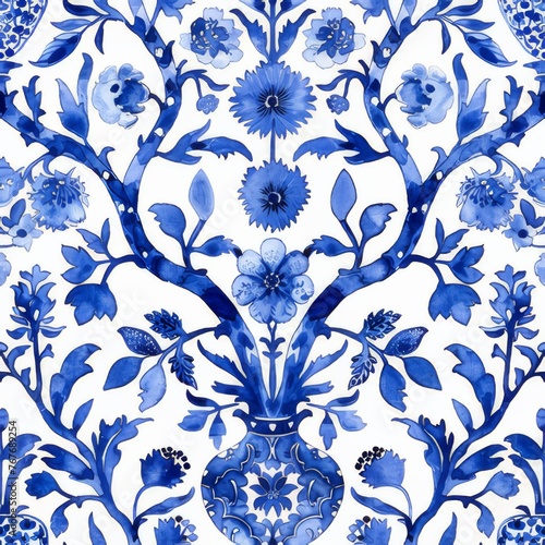 Watercolor Seamless pattern with blue and white