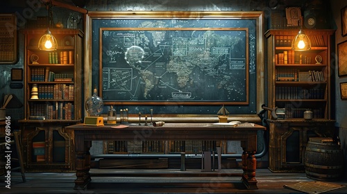 A classroom with a chalkboard and a desk. The room is dimly lit and has a vintage feel