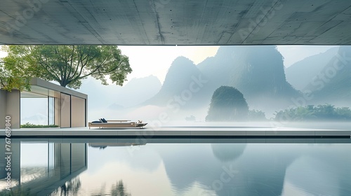 Modern Infinity Pool with Mountain View at Sunrise