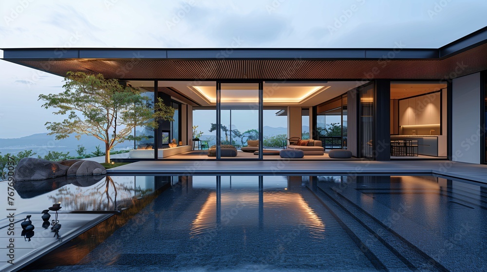 Modern Luxury Home Exterior with Infinity Pool at Dusk
