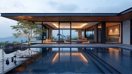 Modern Luxury Home Exterior with Infinity Pool at Dusk © lin