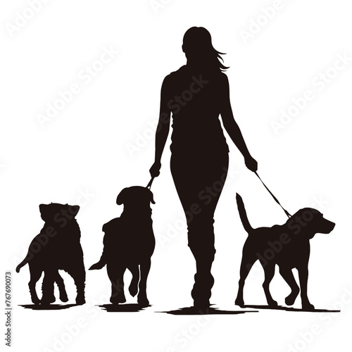 Vector silhouette of women  walk with her dogs with leash on white background. Symbol of animal, pet, friends,walk.