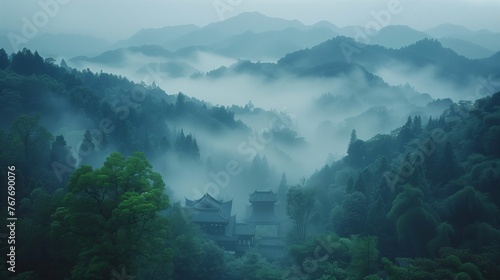 Misty Mountain Temple at Dawn