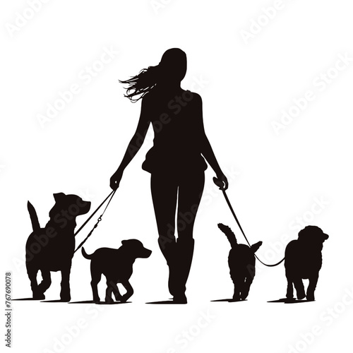 Vector silhouette of women  walk with her dogs with leash on white background. Symbol of animal, pet, friends,walk.