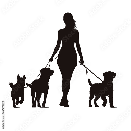 Vector silhouette of women  walk with her dogs with leash on white background. Symbol of animal, pet, friends,walk.