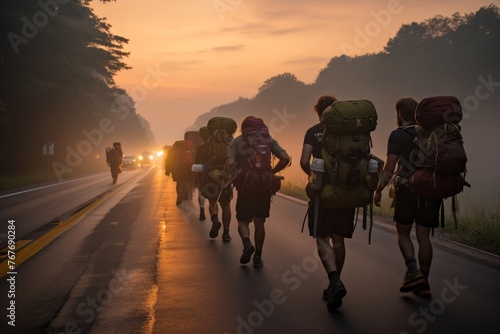 
A portrait of a group of ruckers starting their journey at dawn, showcasing the community aspect of rucking