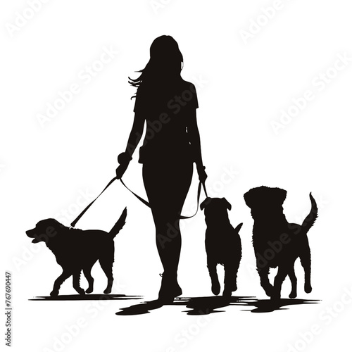 Vector silhouette of women  walk with her dogs with leash on white background. Symbol of animal, pet, friends,walk.