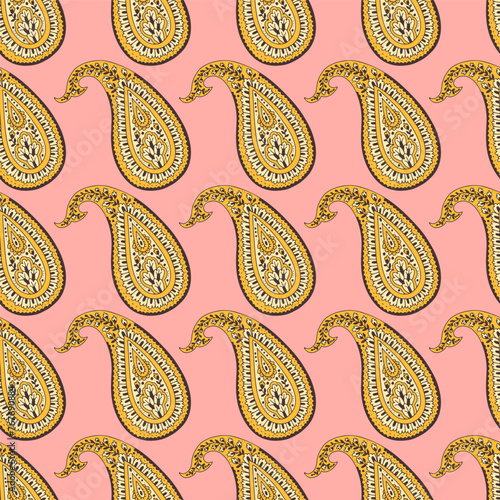Colorful seamless pattern with yellow Paisley motifs on pink background. Traditional indian repeat design.