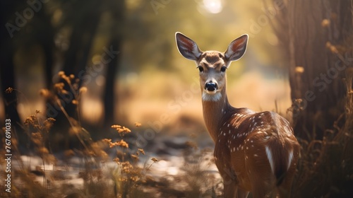 Close up of a Deer  HD photo  blurry nature sunlight background 