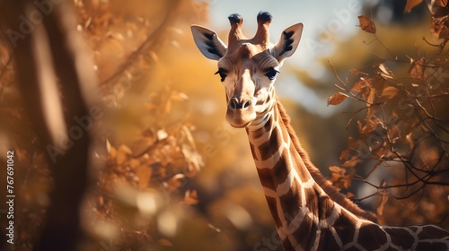 Close up of a Giraffe  HD photo  blurry nature sunlight background 