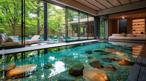 Luxury Indoor Pool with Natural Stone Accents and Forest View