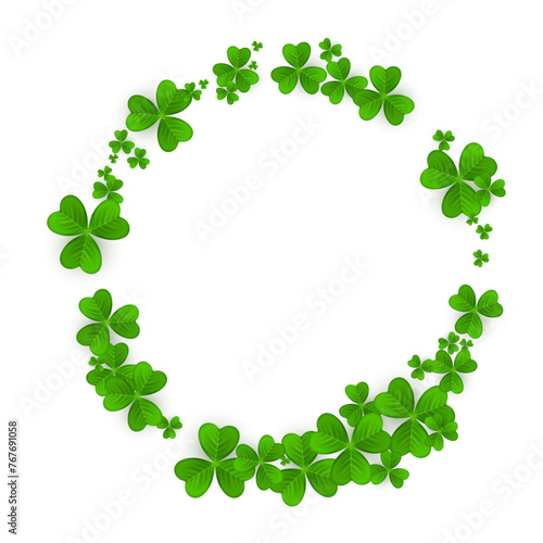 Realistic shamrock wreath. Round Clover frame. Green leaves floral garland. Trefoil border.