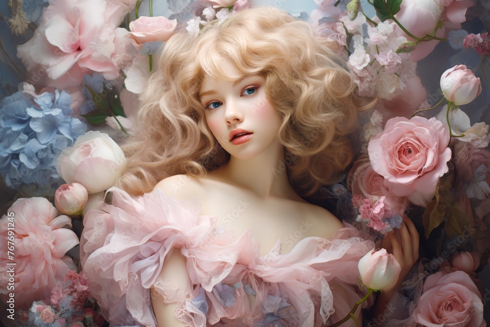 Portrait capturing the essence of Coquette aesthetic with soft pastel tones and intricate floral arrangements Portrait capturing the essence of Coquette aesthetic with soft pastel tones and intricate floral arrangements