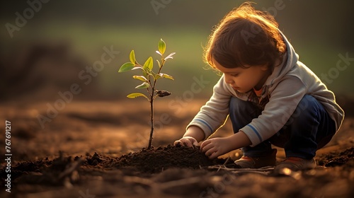 Girl planting a tree sapling in the ground, child, earth day, nature, global warming concept 
