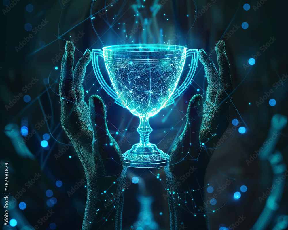 A futuristic holographic projection of a trophy being lifted in triumph by unseen hands. 3d render. - obrazy, fototapety, plakaty 