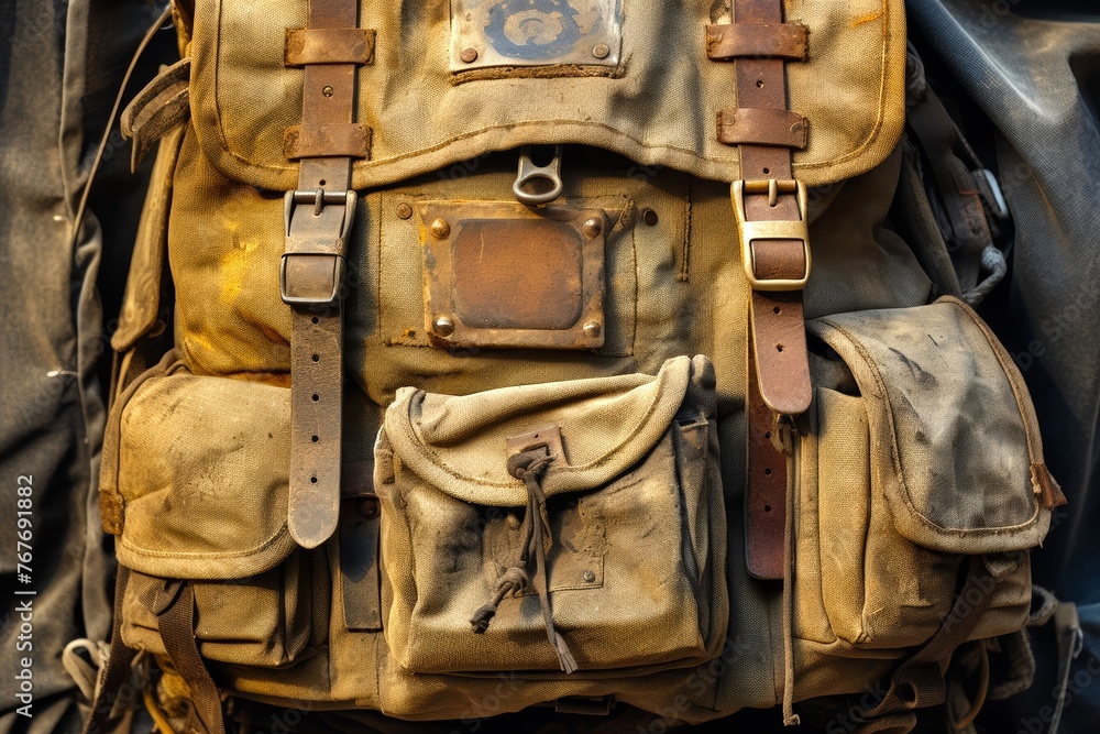 A weathered rucksack with visible weight markings, emphasizing the essential gear for rucking - obrazy, fototapety, plakaty 