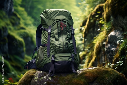 
Close-up photo of a weatherproof rucksack standing against a backdrop of nature, ready for any challenge that rucking brings photo