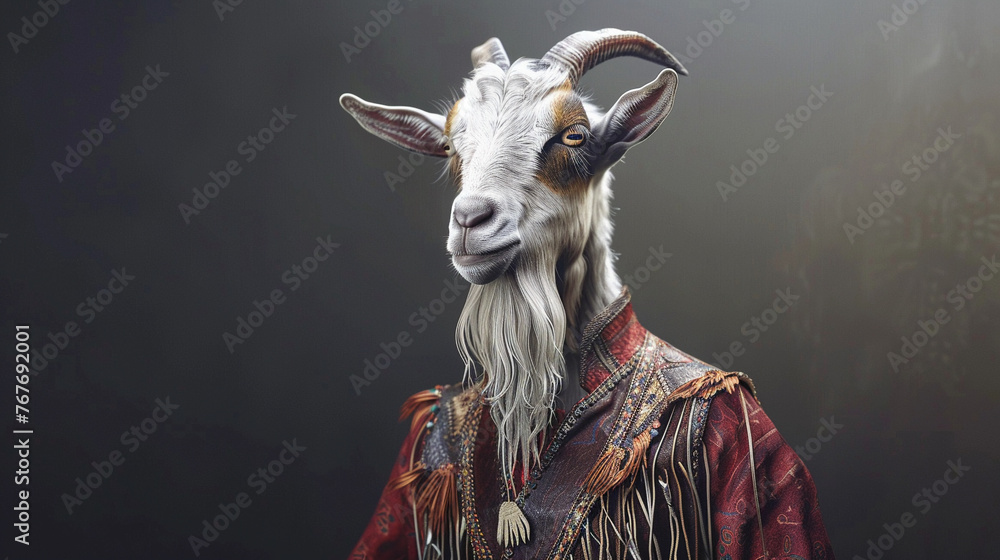 A portrait of a goat in a bohemian peasant top and fringe vest. 3d render. - obrazy, fototapety, plakaty 