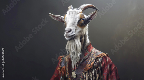 A portrait of a goat in a bohemian peasant top and fringe vest. 3d render.
