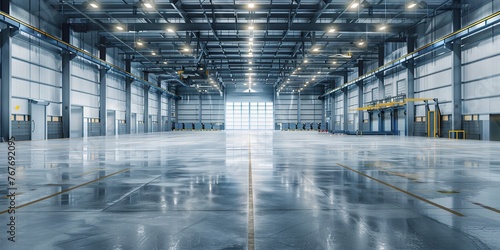A large, empty warehouse with a lot of light shining on the floor. The space is very open and empty, with no people or objects visible. Scene is one of emptiness and solitude photo