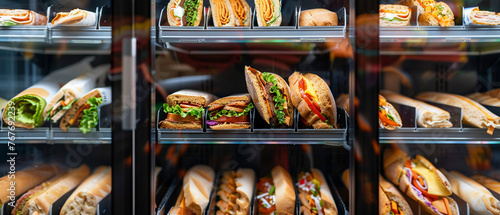 Assortment of prepackaged sandwiches and wraps on display in a deli cooler, ready to eat meals.