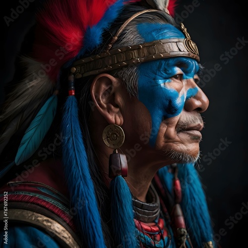  a asia old warriorchief, tribal panther make up, blue onred, side profile, looking away, seriouseyes generative ai. photo