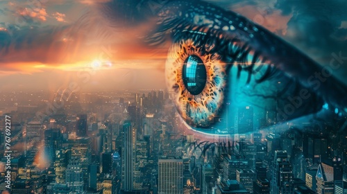 Futuristic cityscape with grand technology  human eye reflecting the skyline