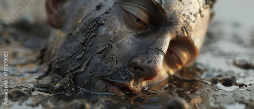 Partial face submergence in dark viscous liquid, showcasing a somber mood with high textural contrast.