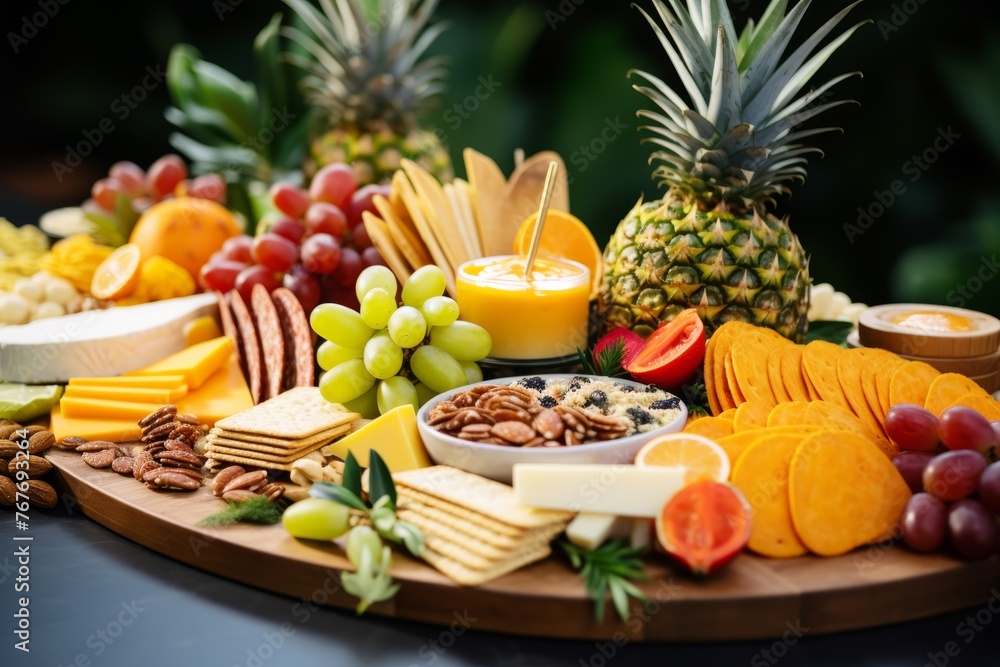 Detailed photo of a tropical-themed grazing table featuring an array of tropical fruits, cheeses, crackers, and dips, perfect for indulging in a Tropical vacation-themed food and beverage feast
Detailed photo of a tropical-themed grazing table featuring an array of tropical fruits, cheeses, crackers, and dips, perfect for indulging in a Tropical vacation-themed food and beverage feast