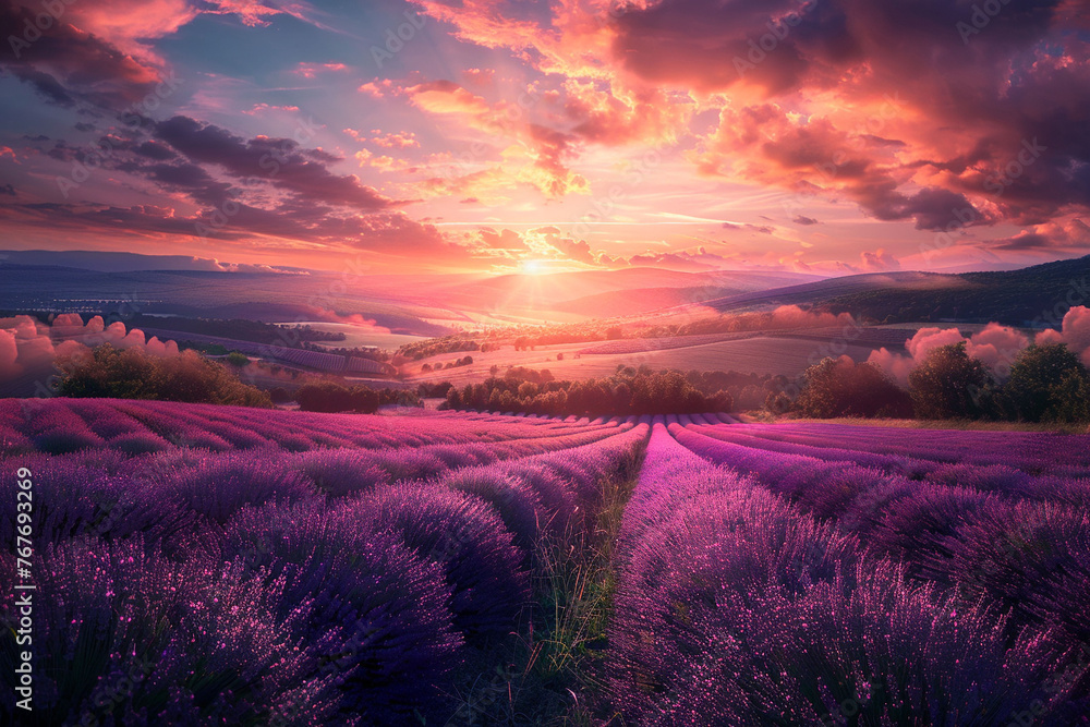Fototapeta premium A breathtaking vista of a lavender field stretching towards a rolling horizon bathed in the warm glow of a setting sun Background for computer