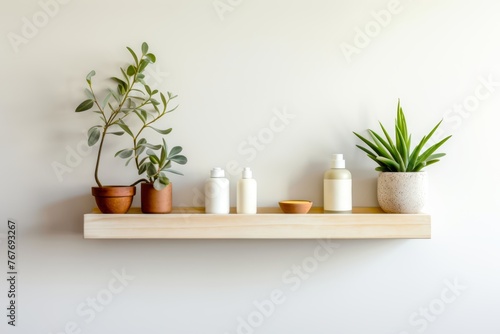A minimalist bathroom shelf showcasing Waterless Self Care products in eco-friendly packaging
