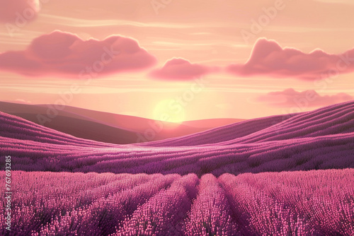 A breathtaking vista of a lavender field stretching towards a rolling horizon bathed in the warm glow of a setting sun Background for computer