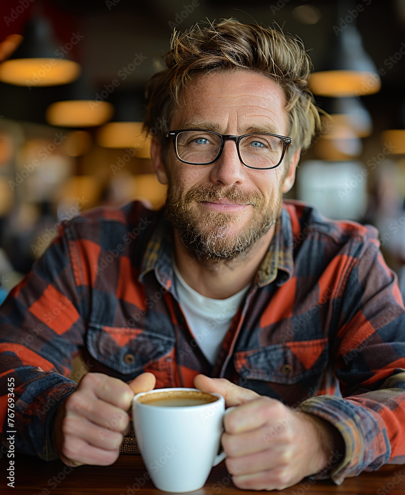 Serene man enjoying morning coffee, natural light pouring in, cozy cafe ambience Serene man enjoying morning coffee, natural light pouring in, cozy cafe ambience