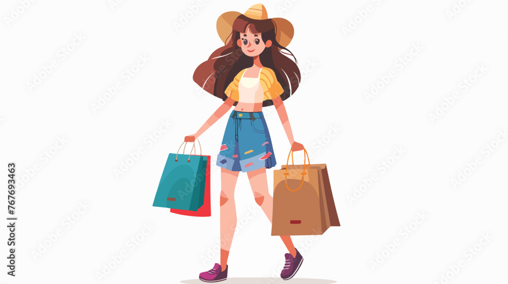 Cute shopping girl cartoon illustration flat vector isolated