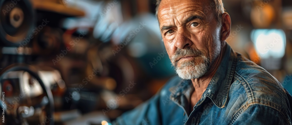 A man with a beard and a blue shirt is sitting in a workshop. He looks serious and focused A man with a beard and a blue shirt is sitting in a workshop. He looks serious and focused