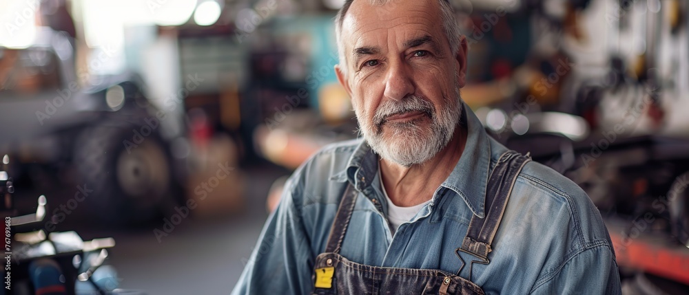A man with a beard and mustache is standing in a garage. He is wearing a blue shirt and apron - obrazy, fototapety, plakaty 