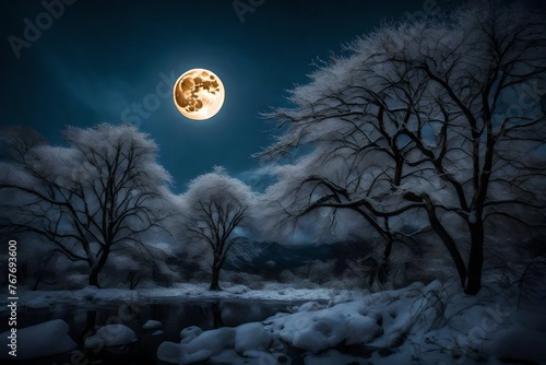 An enchanting scene with the supermoon shining brightly, the high-definition camera showcasing the celestial spectacle and its reflection in a tranquil setting in vivid