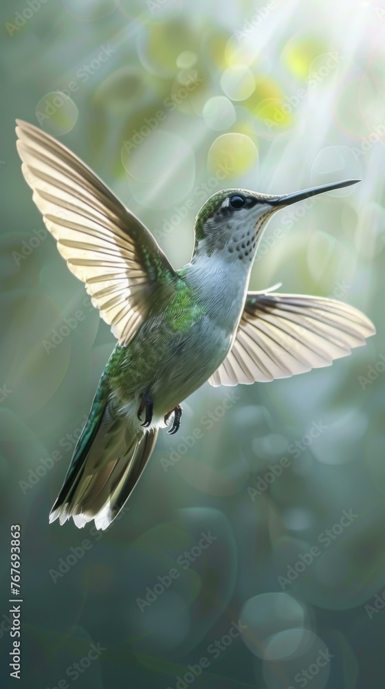 Fototapeta premium A hummingbird flying in the air with a green and white body. Generative AI.