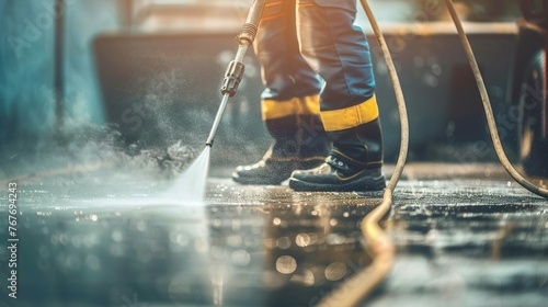 A man is standing in a puddle of water with a pressure washer. The man is wearing a yellow and black outfit photo