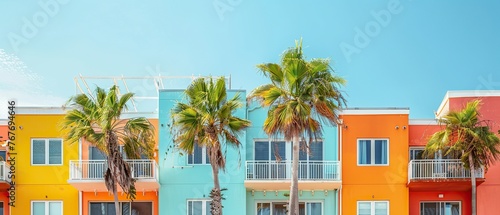 A row of colorful buildings with palm trees in front of them. The buildings are painted in bright colors, and the palm trees are green. The scene has a tropical vibe © Image-Love