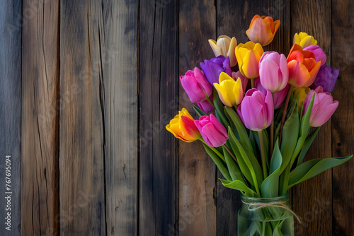 Colorful Tulips Bouquet on Wooden Plank - Vibrant and Beautiful Floral Arrangemen