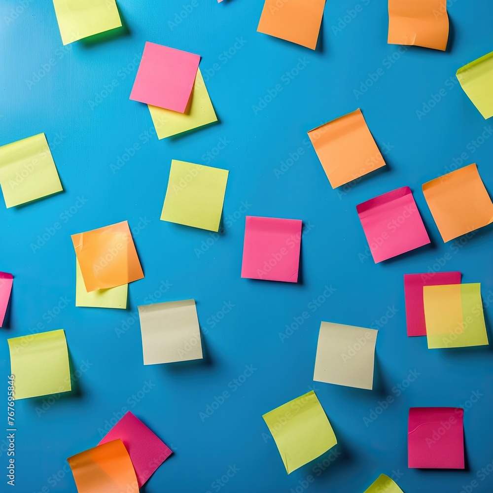 A blue background with many colorful sticky notes scattered around. The notes are in various colors and sizes, and they seem to be randomly placed. Concept of creativity and organization A blue background with many colorful sticky notes scattered around. The notes are in various colors and sizes, and they seem to be randomly placed. Concept of creativity and organization