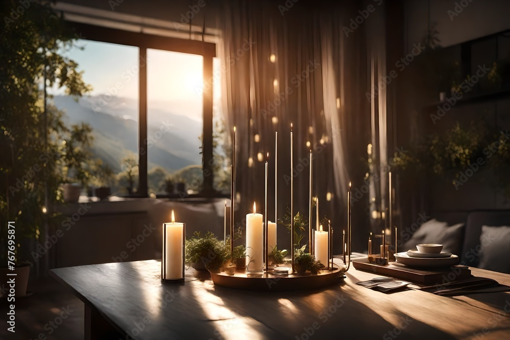 A sunlit setting with LED candles as part of the decor, the HD camera capturing the modern background and the subtle illumination in stunning