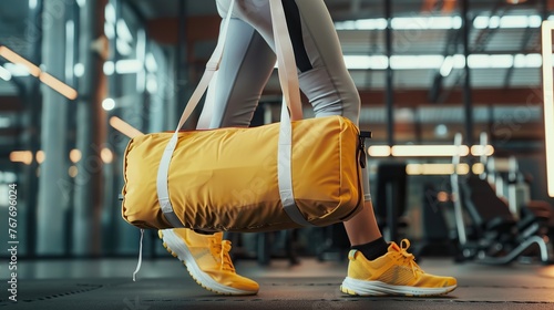 A woman is walking with a yellow gym bag. The bag is large and has a strap. The woman is wearing yellow shoes and white pants. Concept of fitness and exercise