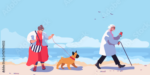 Old man and overweight woman in red with dog on the beach. Beach scene on sea vacation resort. Summer holidays. Sky with clouds and ocean coast. Maldives Relax, Rest and Recreation. Colorful vector
